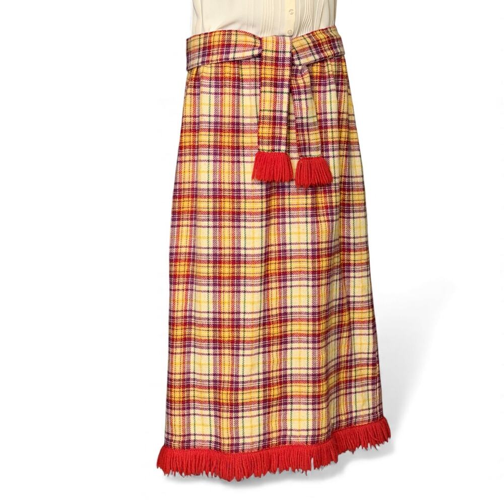 Vintage 50s The Flirt Wool Plaid Maxi Skirt Fringe Hem Tassel Belt Boho Size S-M